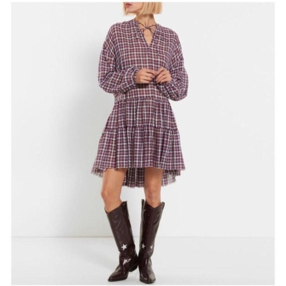 THE GREAT. The Timber Dress in Mulberry Plaid Gingham Print Size 0 XS